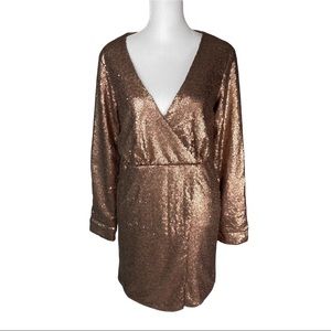 HAODUOYI ZHIZAILIAN Rose Gold Sequin Long Sleeve Party Cocktail Mini Dress Large